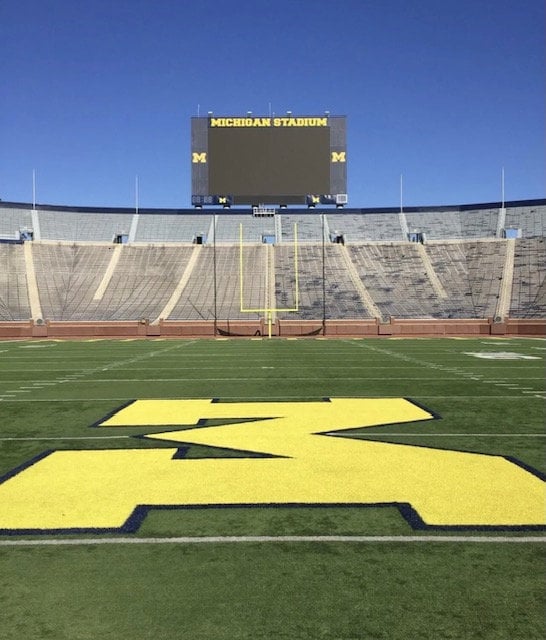 Michigan Wolverines Game Used piece of Turf from the famous "BLOCK M" logo at the 50 Yard Line of Michigan Football Stadium!