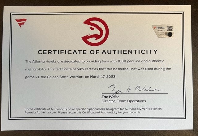 Atlanta Hawks & Trae Young Game Used net piece from actual NBA game on 3-17-2023 vs Golden State